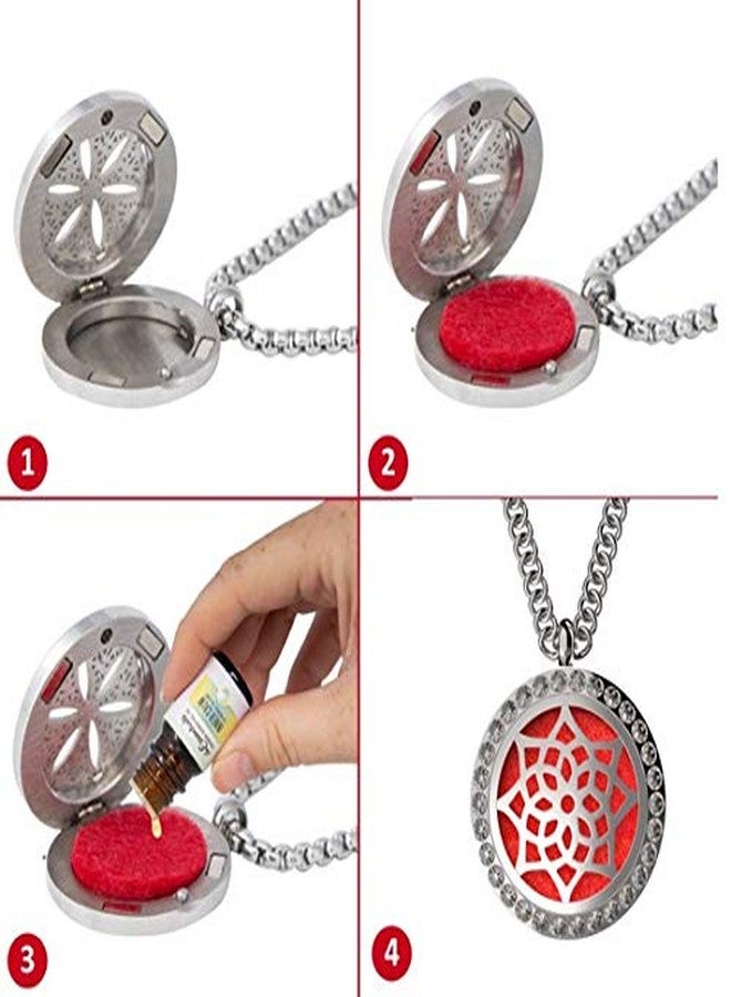 mEssentials Flower Essential Oil Diffuser Necklace Stainless Steel Locket Pendant with 24" Chain, 10ml of Inner Calm Essential Oil, and 12 Refill Pads in Gift Box - Image 3